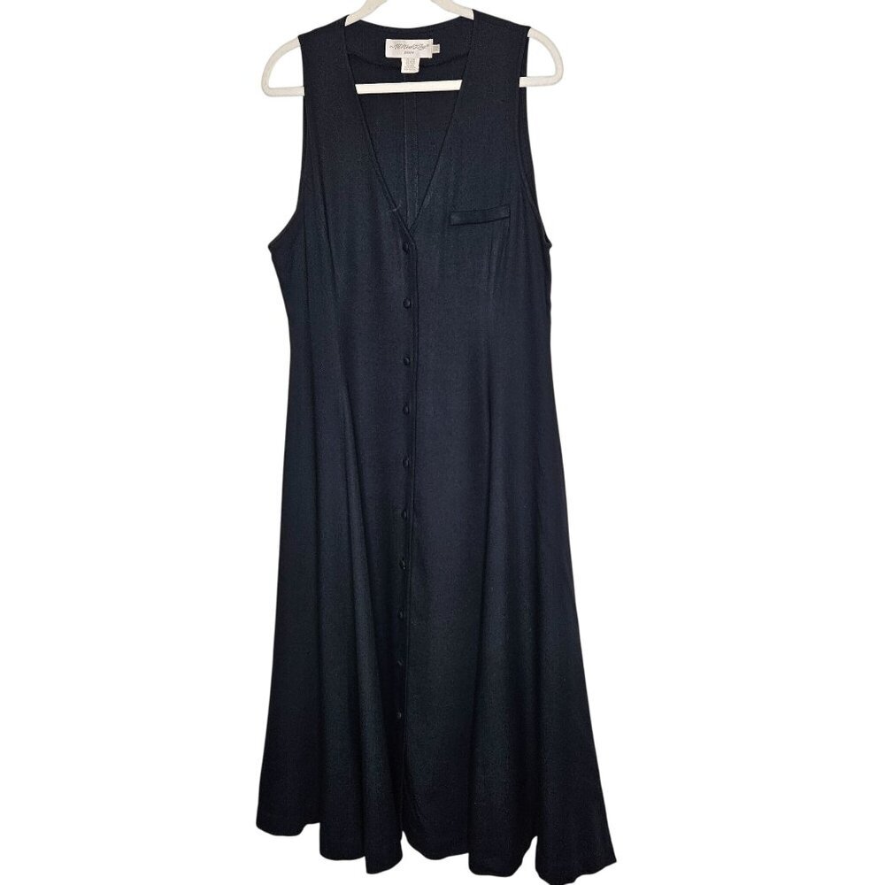 Vintage All Week Long Petite Size 12 Black Sleeveless Button-Down Midi Dress 90s